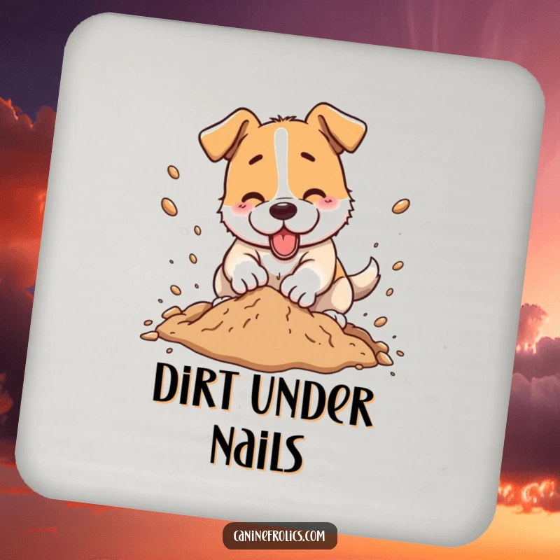 Funny dog coaster, a dog character digging energetically, dirt flying, protecting surfaces with humor.