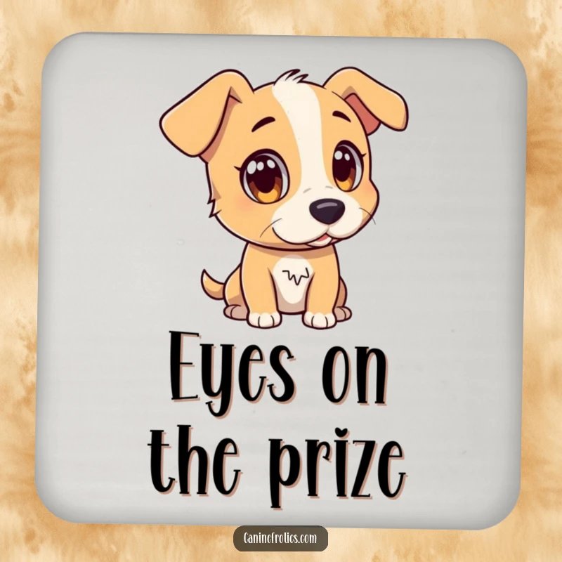 Funny drink coaster showing a dog character with wide, attentive eyes, watching a distant, interesting object, adding focused flair.