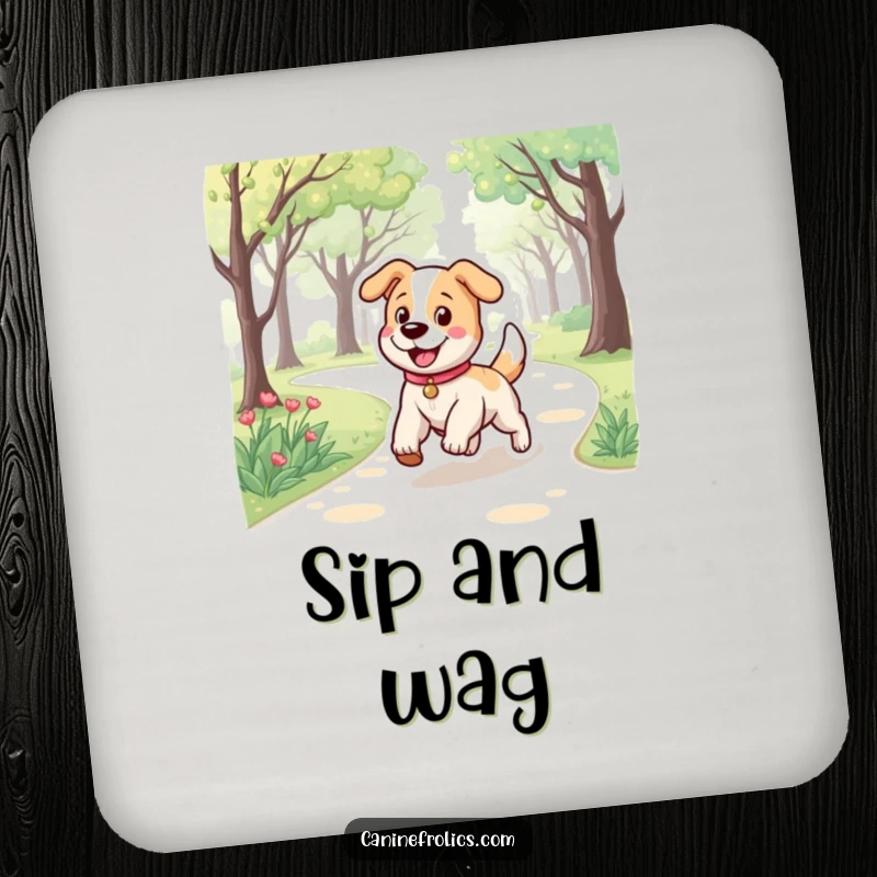 Funny drink coaster showing a dog character with a bouncy stride, happily trotting along a park path, adding humor to drinks.