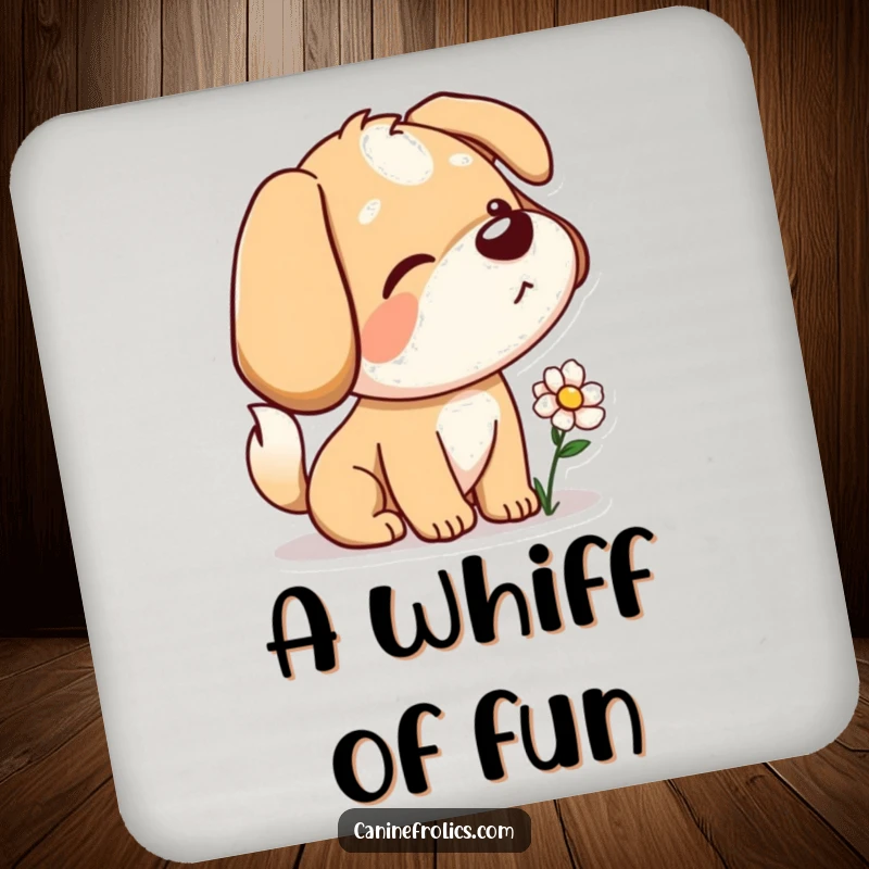 Funny drink coaster showing a dog character curiously sniffing a flower, tail wagging, adding a touch of nature's whimsy.