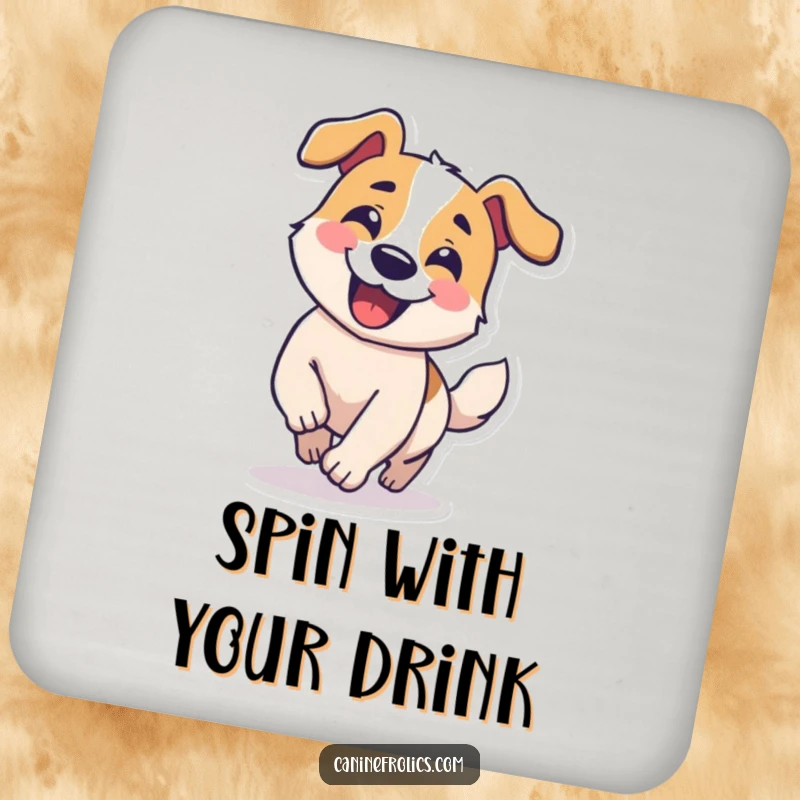 Funny drink coaster showing a dog character grinning and chasing its tail in a comical circle, adding playful silliness.
