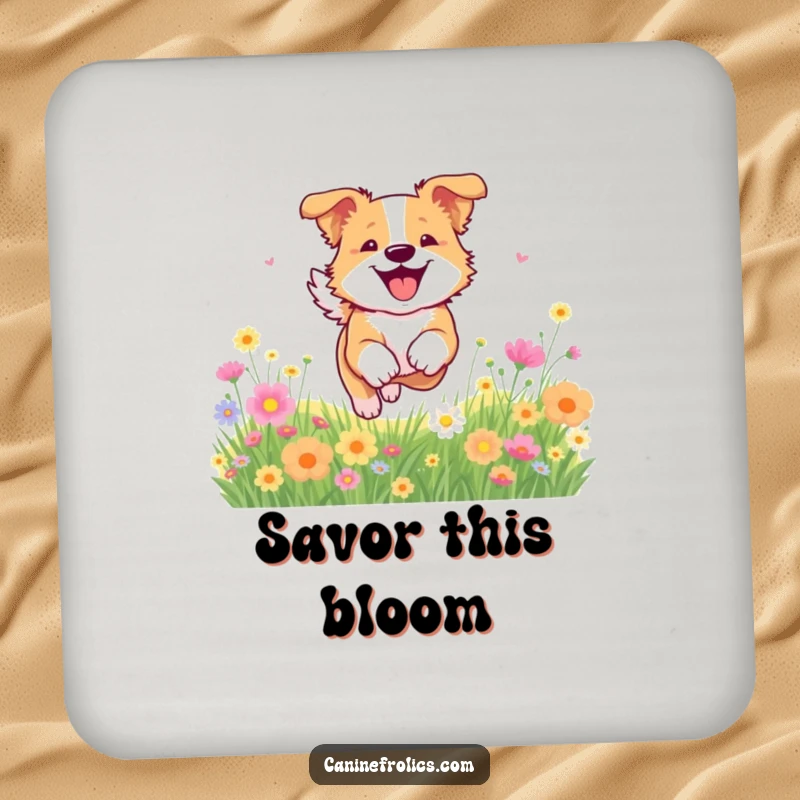 Funny dog coaster featuring a dog bounding through a field of flowers, protecting surfaces with natural joy.