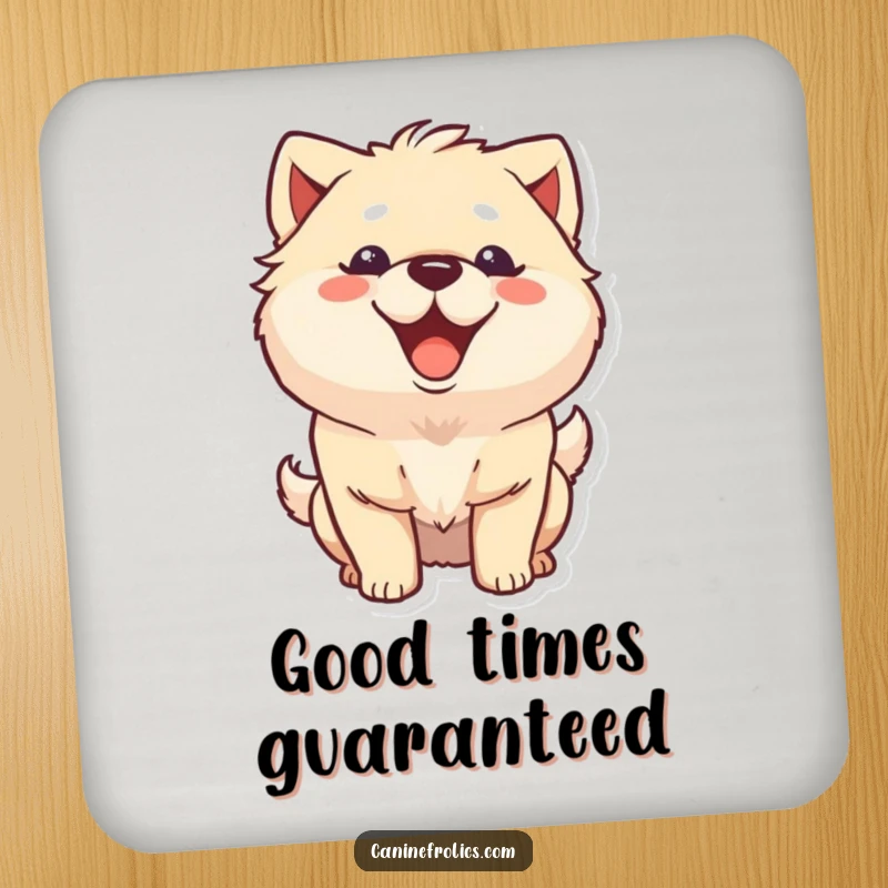Funny fluffy dog coasters (set of 4) showing characters with big happy grins and wagging tails, adding humor to drink protection.