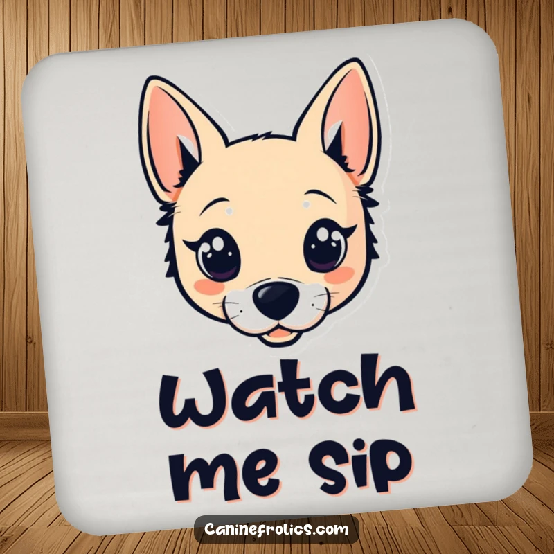 Funny drink coaster featuring a stylized dog head with wide, sparkling eyes and perky ears, adding a charming touch to tabletops.