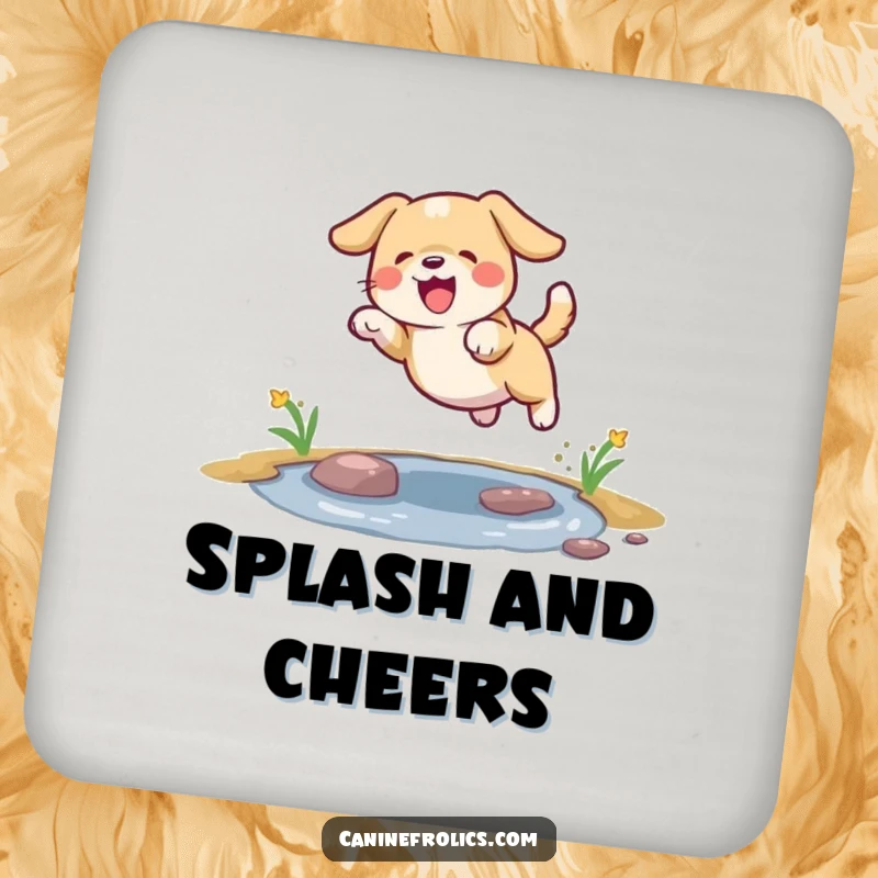 Funny dog coaster showing a dog leaping joyfully over a small puddle, adding a playful touch.