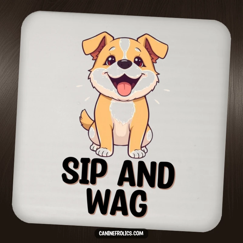 Funny drink coaster showcasing a dog enthusiastically wagging its entire body, a charming addition to any surface.