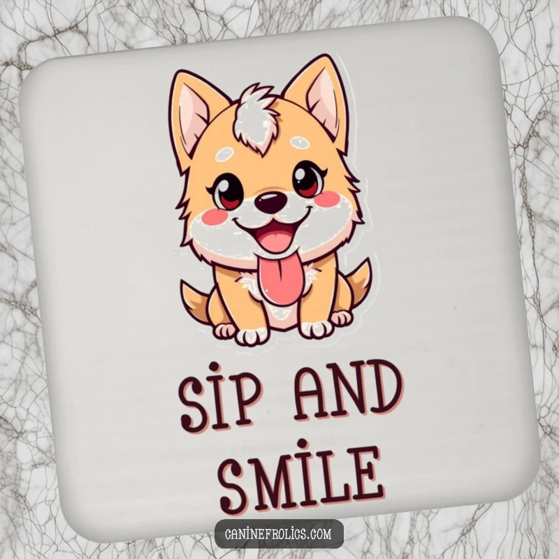 Funny drink coaster showcasing a cute canine with a happy expression and tongue lolling out, protecting surfaces with a cheerful vibe.