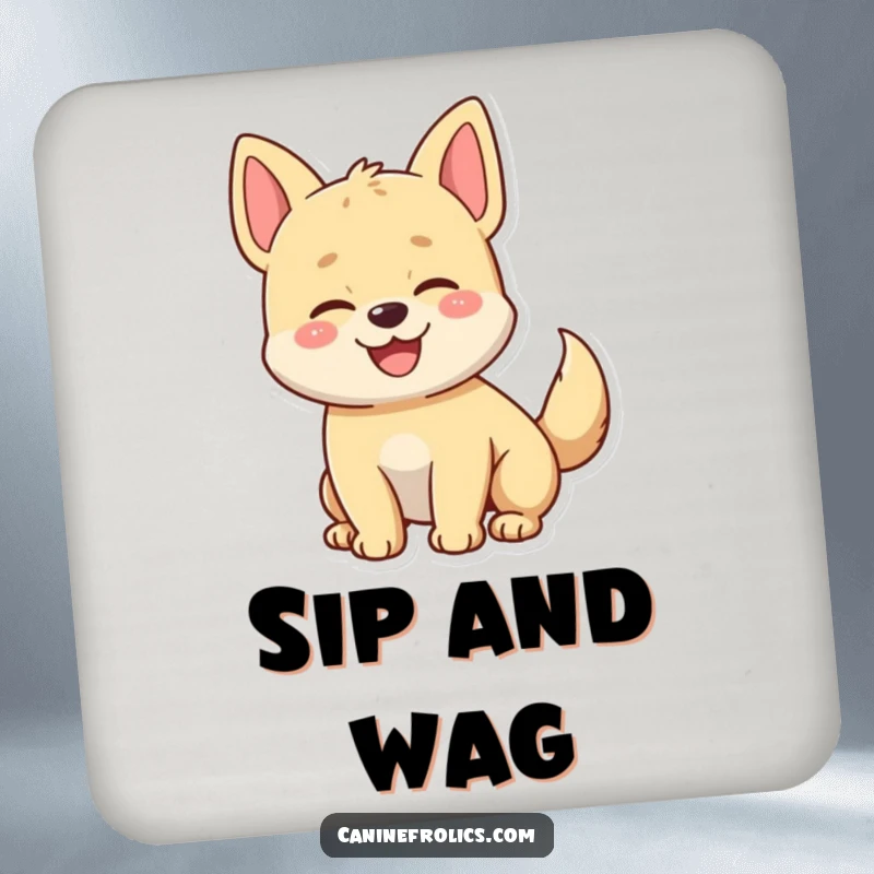 Funny drink coaster featuring a happy dog character with an enthusiastically wagging tail, adding a splash of joy to tabletops.