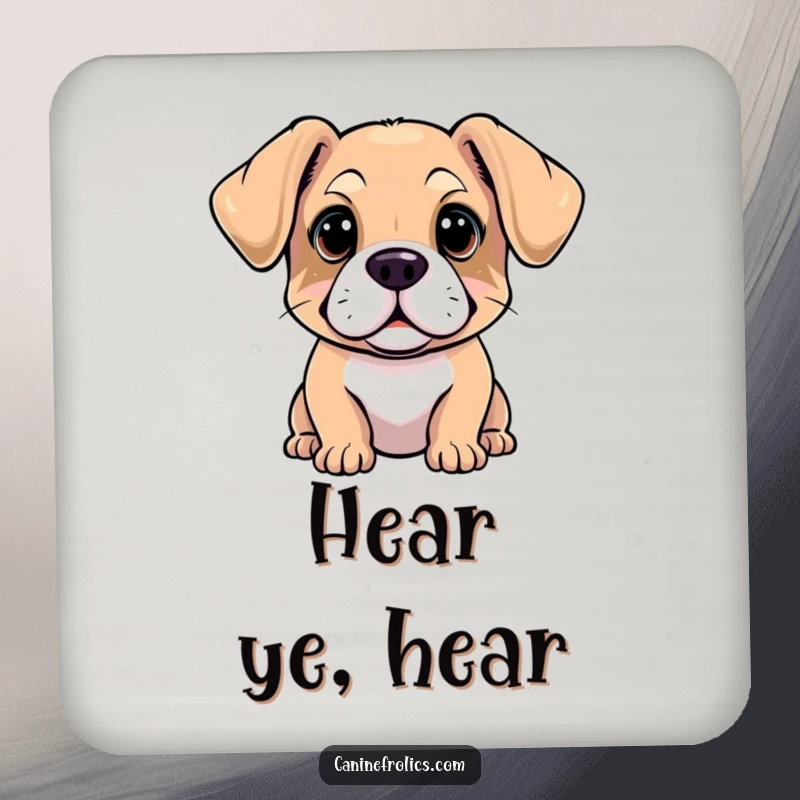 Funny coaster featuring a dog with ears flopped forward and a questioning gaze, adding a touch of playful curiosity to your table.