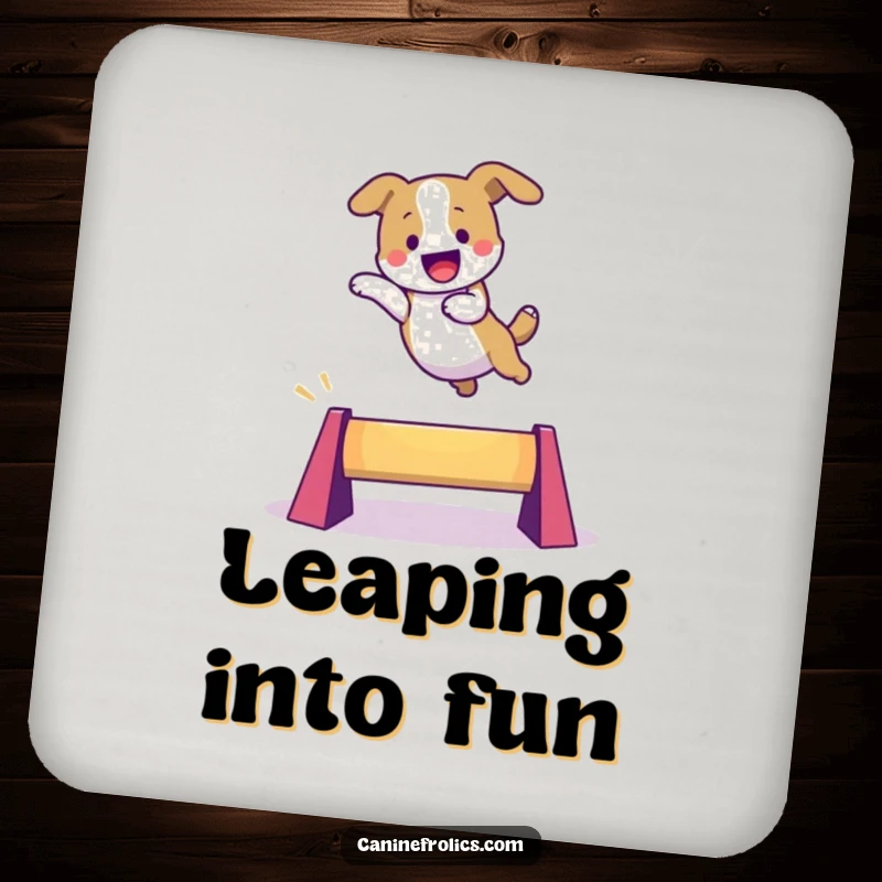 Funny dog coasters (set of 4) showing characters leaping over colorful obstacles, adding a dynamic and humorous touch to tabletops.