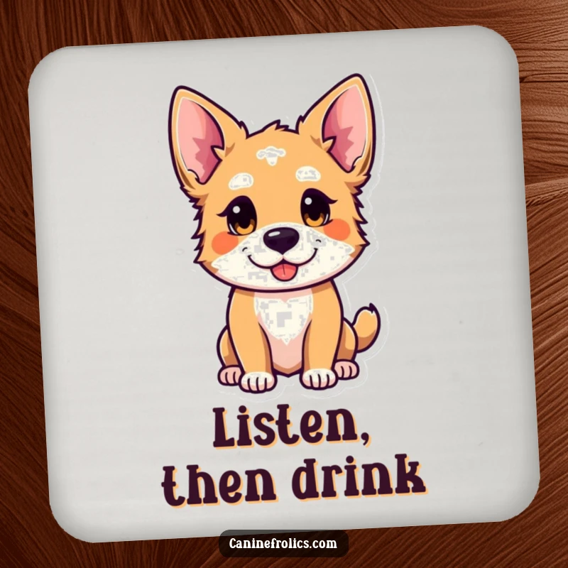 Funny drink coaster with a curious dog whose ears are perked, looking playful, perfect for protecting surfaces with charm.