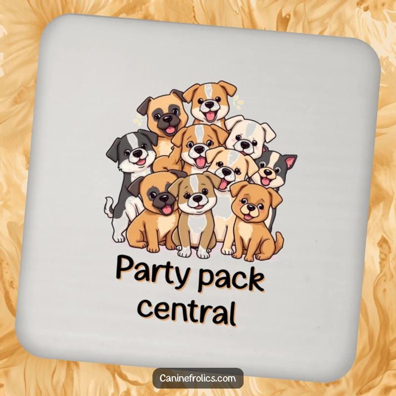 Funny dog drink coaster depicting a group of diverse dog breeds playfully interacting, adding humor to any table.
