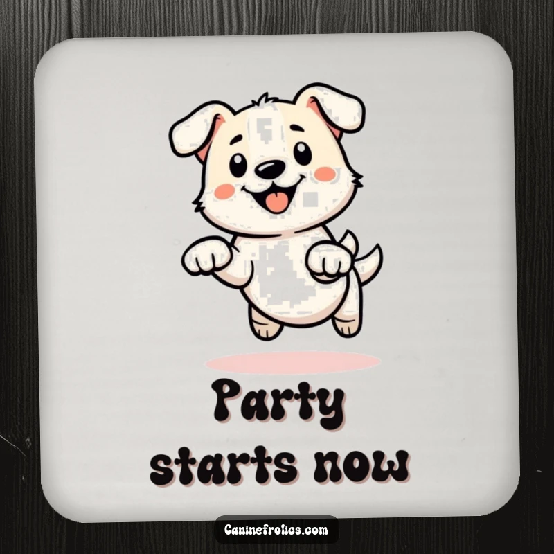 Funny drink coaster featuring a minimalist dog outline with energetic paws captured mid-leap, adding a dynamic touch to tabletops.