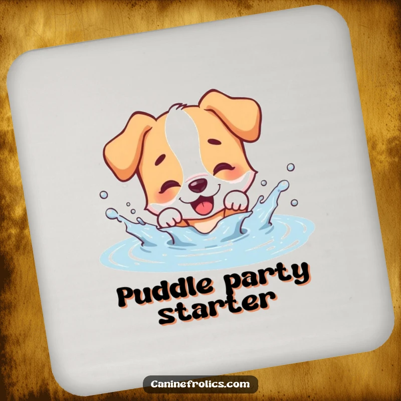 Funny dog coaster, a dog character joyfully splashing in a puddle, protecting surfaces with humor.