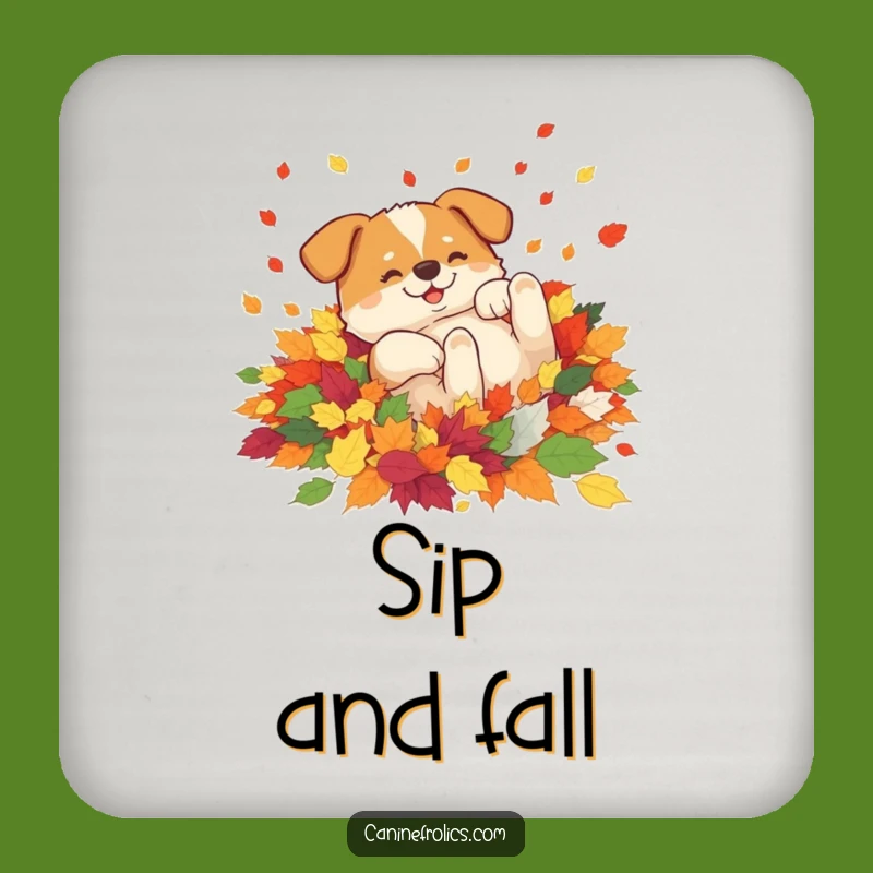 Funny Rolling Dog Leaves Drink Coaster: Protect Surfaces with Autumn Joy
