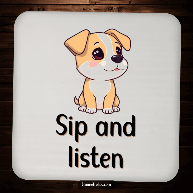 Funny Drink Coaster: A dog with ears perked, attentively listening. A humorous and protective accessory for tables.