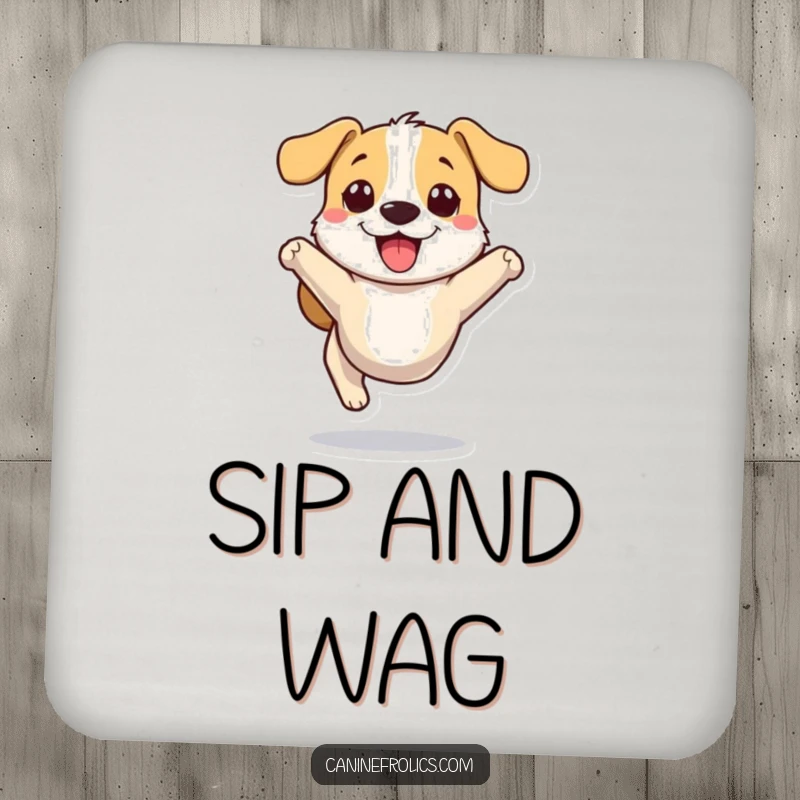 Funny dog drink coaster decorated with a stylized dog character joyfully bounding, adding humor to any table.
