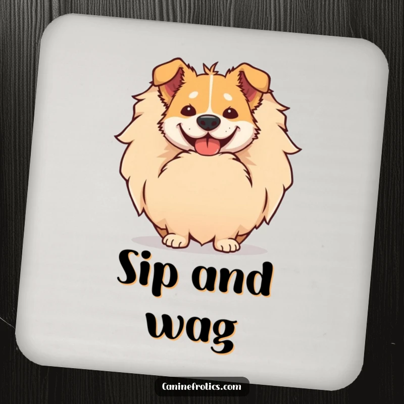 Funny drink coasters with a dog's huge, comical smile peeking out from behind its giant, fluffy tail, adding joy.
