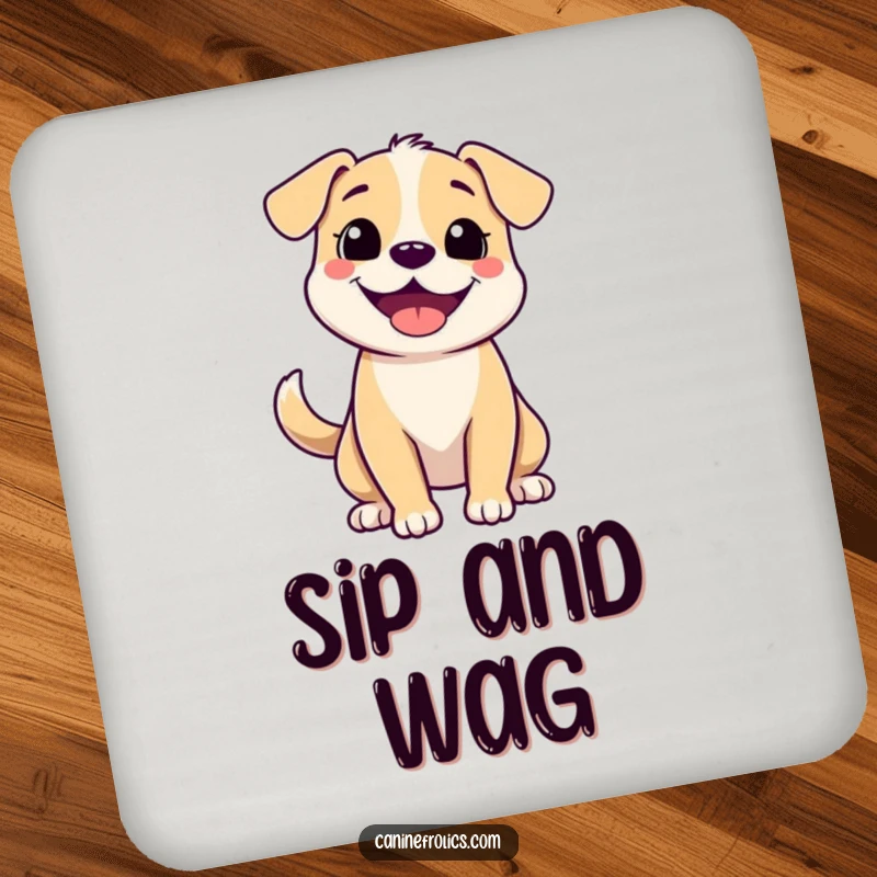 Funny drink coaster with a happy dog's face, showing off a wide grin and a wagging tail, bringing joy to any surface.