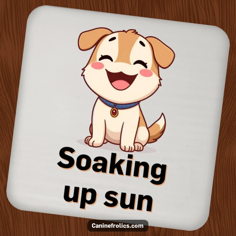 Funny Dog Drink Coaster: Happy dog panting with tongue out, enjoying a sunny day, protecting surfaces with cheer.