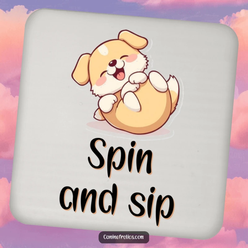 Funny drink coaster showing a dog happily rolling on its back, symbolizing pure bliss and relaxation.