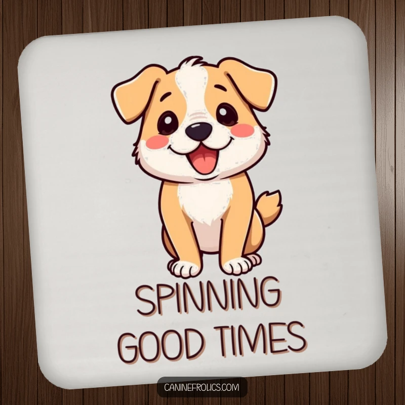 Funny dog coaster showing a dog in a dizzying zoomie spin, adding a dynamic touch to drinkware.