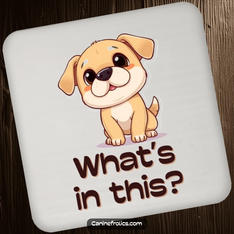 Funny drink coaster featuring a playful dog tilting its head with a curious expression, adding a charming touch to tabletops.