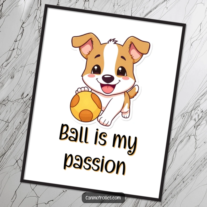 Funny dog poster capturing a dog with a wide, ecstatic smile chasing a red ball, radiating energy and humorous delight.