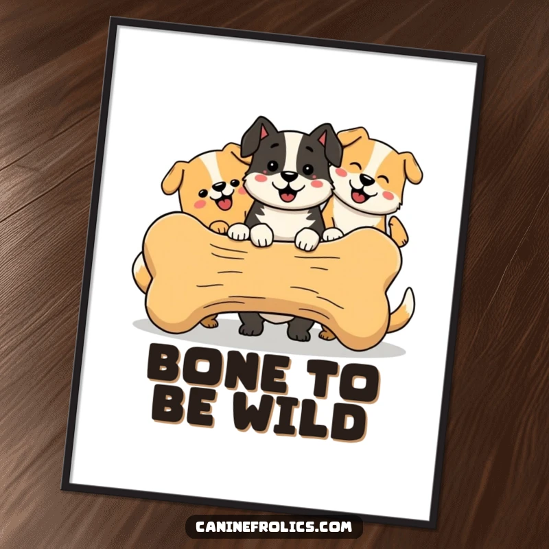 Funny Dog Poster, depicting a group of simplified, happy canine characters joyfully sharing a large bone, celebrating togetherness and fun.