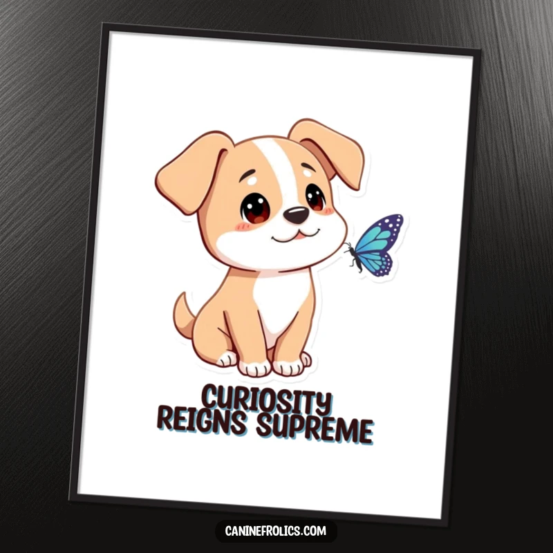 Funny dog poster featuring a character with ears forward, gazing curiously at a butterfly, perfect for adding a touch of serene wonder.