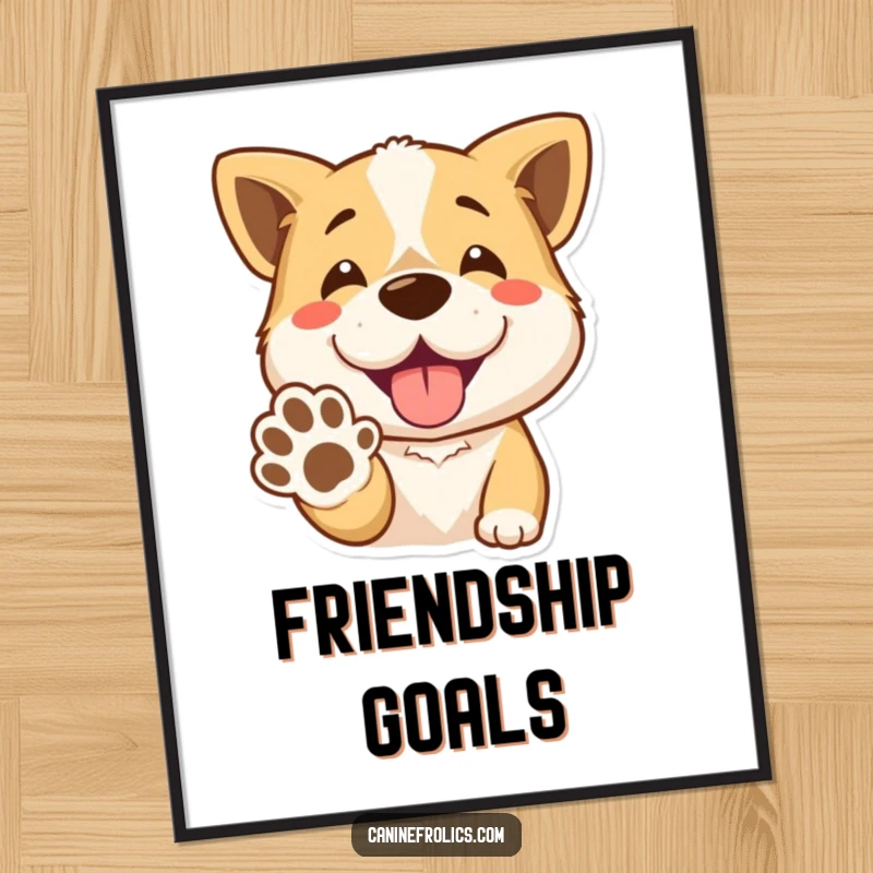 Funny Poster: A dog with a wide, joyful smile presents its paw for a friendly handshake. Humorous wall art for dog lovers.