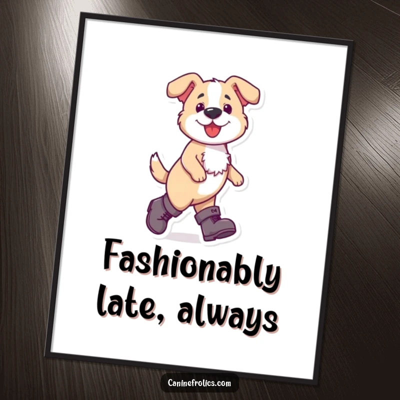 Funny dog poster illustrating a dog wearing large boots and walking with a confident, purposeful stride, conveying humor and power.