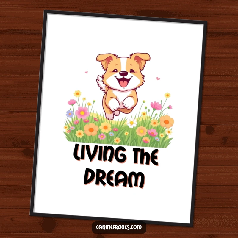 Funny dog poster capturing a dog bounding through a vibrant field of flowers, radiating pure joy and a love for nature.