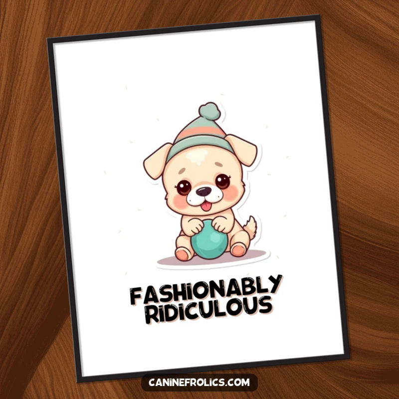 Funny dog poster capturing a dog wearing a tiny hat and enthusiastically playing with a squeaky toy, radiating pure fun.