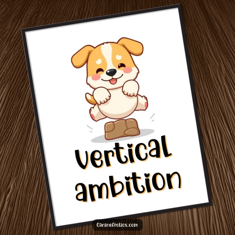 Funny poster artwork of a dog caught in a dynamic leap over a small obstacle, paws extended, conveying pure exhilaration and athletic joy.