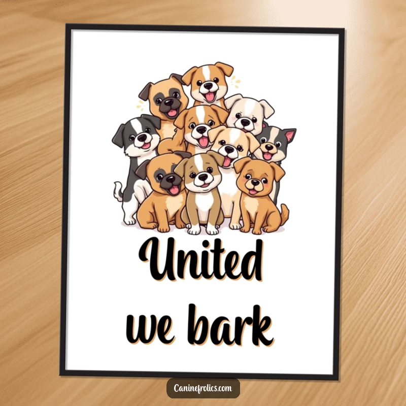 Funny dog poster illustrating a group of diverse dog breeds engaged in playful interaction, radiating joy and camaraderie.