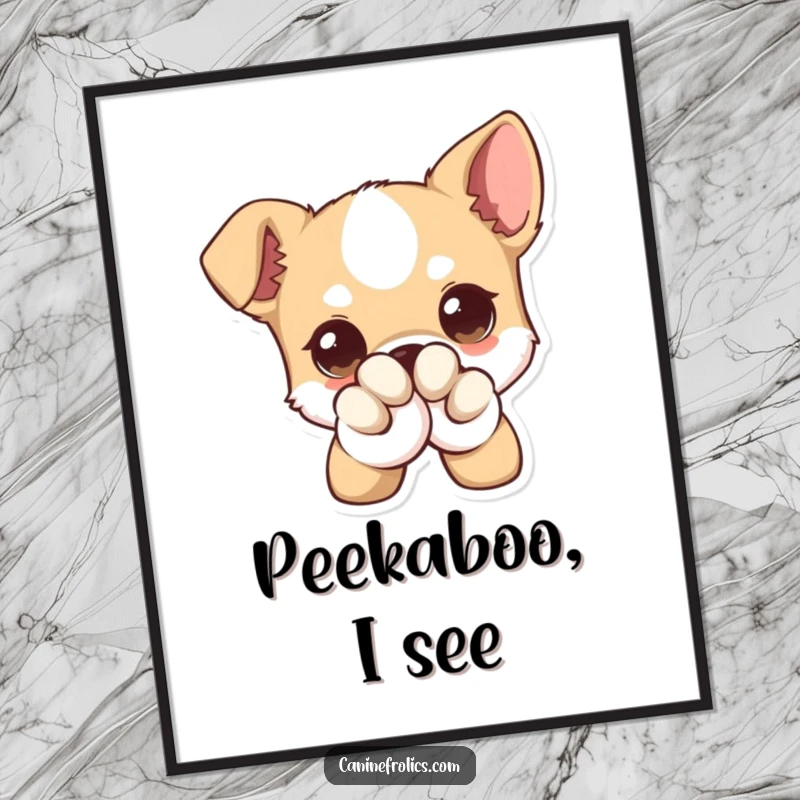 Funny Dog Poster, a close-up of a dog with exaggeratedly large eyes, winking playfully behind its paw, exuding playful mischief.