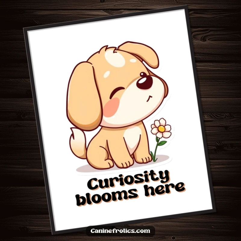 Funny poster of a dog character with a playful tail wag, curiously sniffing a flower, showcasing gentle curiosity and nature.
