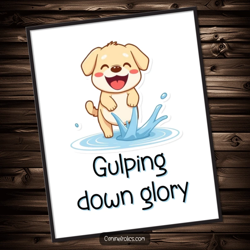 Funny Dog Poster: A happy dog with its tongue out pants eagerly while trying to catch a stream of water, looking utterly delighted.