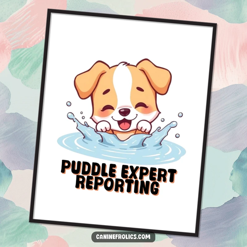 Funny dog poster, a happy dog character having a blast splashing in a muddy puddle, vibrant wet dog art.