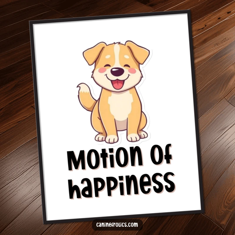 Funny poster art of a dog whose tail wagging is so intense, its entire body is in a joyful, full-body wiggle.