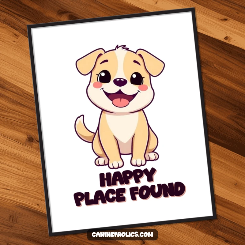 Funny poster of a dog with an enormous, infectious grin and a tail in mid-wag, capturing a moment of pure, unadulterated doggy bliss.