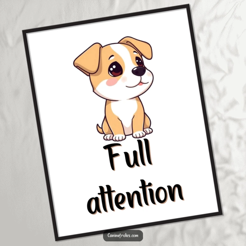 Funny Poster: A captivating dog with its ears fully perked, demonstrating intense focus and listening. Humorous wall art for any room.
