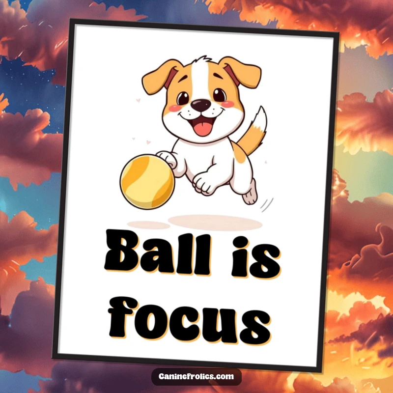 Funny poster depicting a dog character joyfully chasing a bouncing ball, creating a dynamic and humorous visual impact on walls.