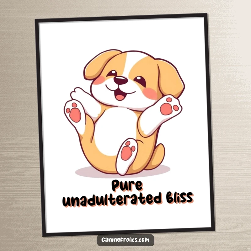 Funny dog poster depicting a character playfully rolling on its back with paws in the air, perfect for adding a humorous and joyful touch.