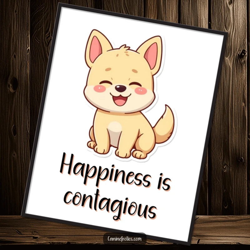 Funny poster print of a dog character whose tail is wagging so hard it's a joyful blur, full of happy energy.