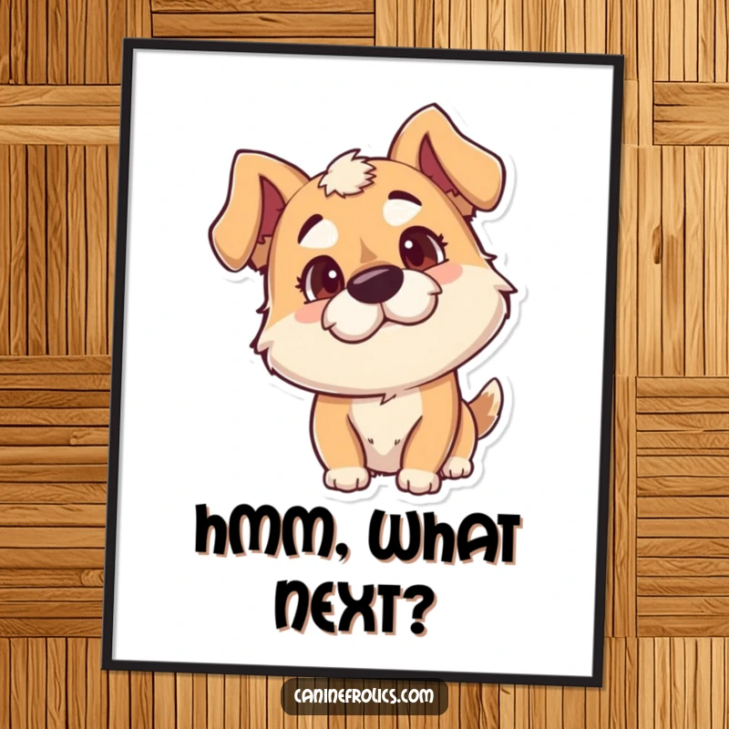 Funny Dog Poster: Goofy dog character with a tilted head, expressing pure playful curiosity and charming innocence, wall art.