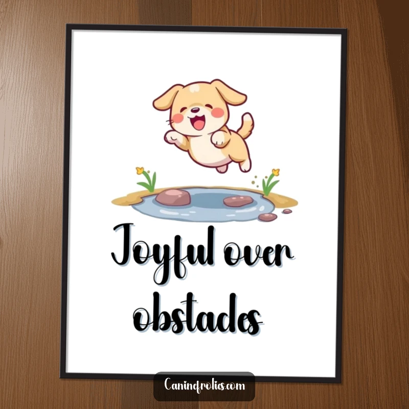 Funny dog poster capturing a dog's joyful leap over a small puddle, radiating pure happiness.