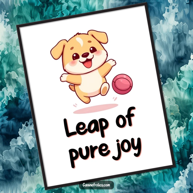 Funny Dog Poster: A small, round dog character with a joyful expression is frozen in a dynamic leap, aiming for a bouncing ball.