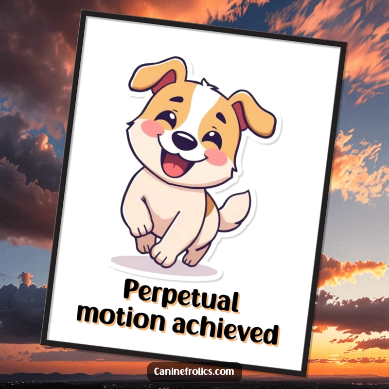 Funny poster of a dog character with a cheerful grin, chasing its tail in a comical circle, radiating hilarious energy.